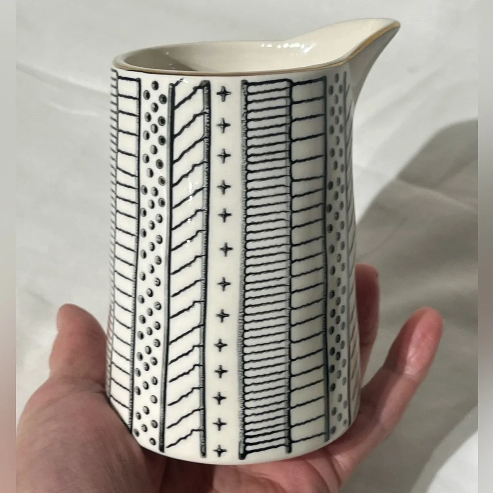 Creative Co-op Modern Stoneware Creamer Ivory w/ Black Design Gold Rim 8 oz.